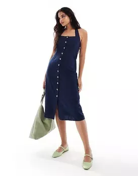 Vero Moda – Темно-синее платье миди из искусственного льна на пуговицах с бретелькой на шее
