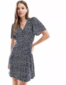 Vero Moda – Темно-синее платье мини-солнце на пуговицах в горошек