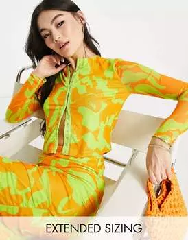 Vero Moda X Joann Van Den Herik однотонный сетчатый топ с длинными рукавами и швами оранжево-лаймового принта