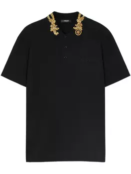 Versace Barocco рубашка-поло с вышивкой в виде листьев, черный