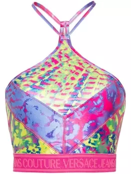 Versace Jeans Couture укороченный топ с вырезом халтер и принтом Animalier, розовый