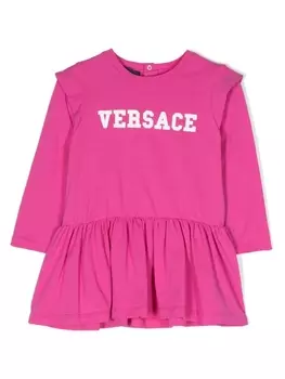 Versace Kids платье с длинными рукавами и логотипом, розовый