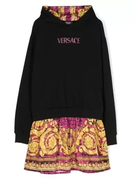 Versace Kids платье с капюшоном и принтом Barocco, черный