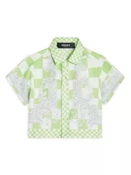 Versace Kids шелковая рубашка в клетку с принтом Medusa, зеленый