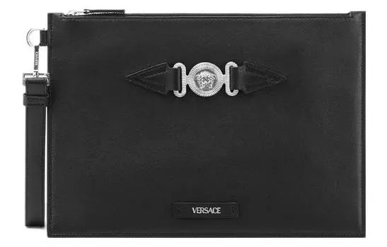 VERSACE Клатч MEDUSA BIGGIE из гладкой коровьей кожи, мужской, черный и серебристый
