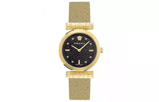 VERSACE Наручные часы с кварцевым механизмом, ремешком из нержавеющей стали, 34 мм, черный циферблат, женские часы