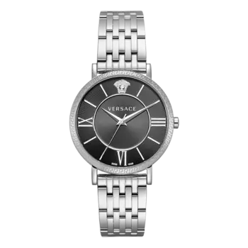 VERSACE Наручные часы с кварцевым механизмом, ремешком из нержавеющей стали, 45, черный циферблат, унисекс