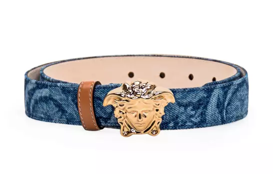 VERSACE Ремень женский кожаный, синего цвета, с пряжкой в виде Медузы спереди, гладкая пряжка, ширина 3 см