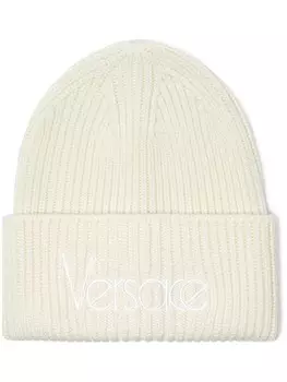 Versace шапка бини в рубчик с вышитым логотипом, нейтральный цвет