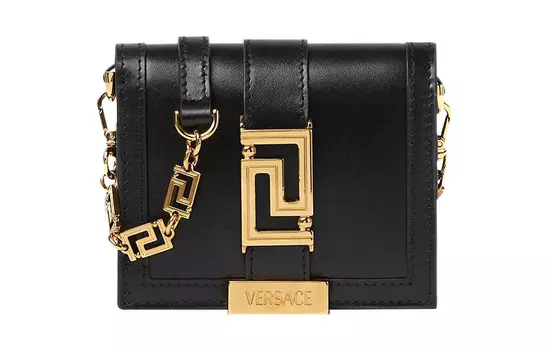 VERSACE Сумка-кошелек через плечо Greca Goddess из коровьей кожи с отделкой из овчины, женская, черного цвета