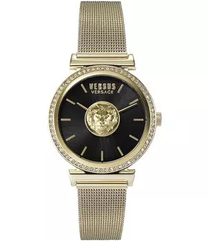 Versace Versus Versace Женские кварцевые аналоговые часы Brick Lane с черным циферблатом и золотым сетчатым браслетом, золотой