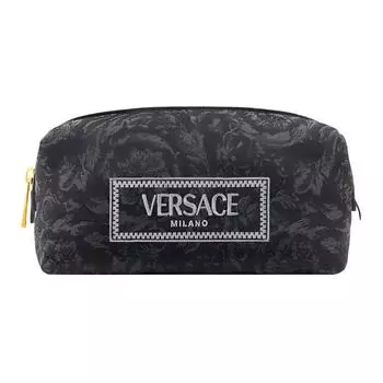 VERSACE Женская косметичка из жаккардовой ткани Barocco с кожаной отделкой, черная