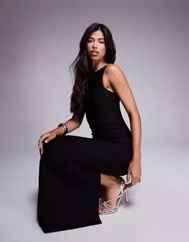 Vesper - длинное платье Bengaline черного цвета с высоким воротом и открытой спиной