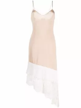 VETEMENTS платье-комбинация асимметричного кроя с кружевом, нейтральный цвет