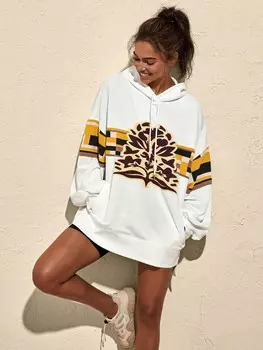 Ветровка VARSITIE для активного отдыха, простая, с принтом, с капюшоном, с длинными рукавами, для женщин Shein, белый