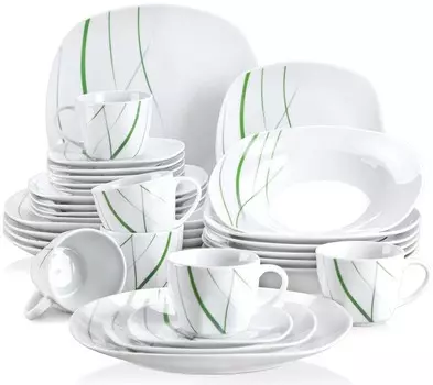 VEWEET, фарфоровый обеденный сервиз Aviva, комбинированный сервиз из 30 предметов, набор посуды из обеденной тарелки, суповой тарелки, десертной тарелки, кофейных чашек и блюдец, белый