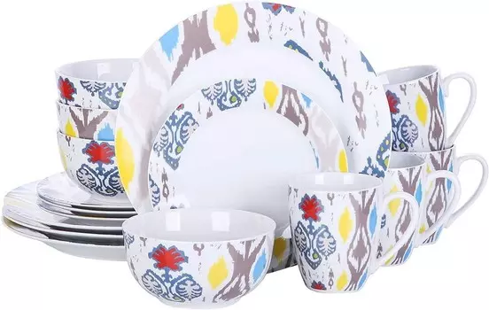 VEWEET, фарфоровый обеденный сервиз, серия Betula, комбинированный сервиз из 16 предметов, круглый набор посуды, в каждой по 4 обеденных тарелки, десертные тарелки, миски для хлопьев и кофейные кружки объемом 380 мл