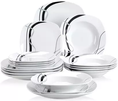 VEWEET 'Fiona' фарфоровый обеденный сервиз, 18 предметов, набор тарелок на 6 персон, в каждой по 6 десертных тарелок, глубоких тарелок и плоских тарелок, белый