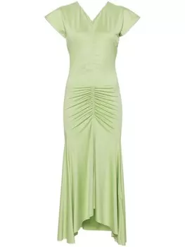 Victoria Beckham платье миди с V-образным вырезом и сборками, зеленый