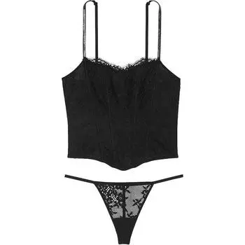 Victoria's Secret 24 Big Show Collection Очень сексуальный женский пижамный комплект с кружевом и мерцающими бретельками, черный цвет