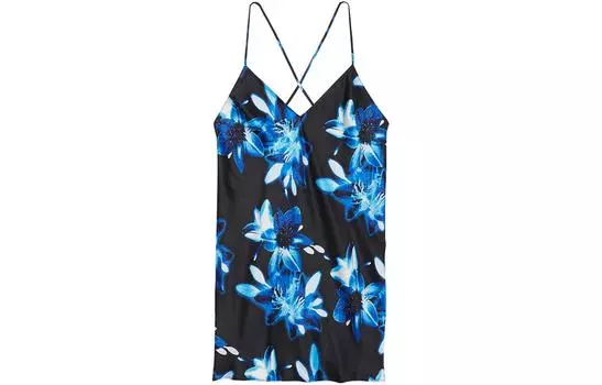Victoria's Secret Атласная ночная рубашка-комбинация с открытой спиной, женская, на черном фоне с синим цветочным принтом