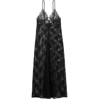 Victoria's Secret Длинная ночная рубашка с розовым кружевом / ЧЕРНАЯ, женская, черная