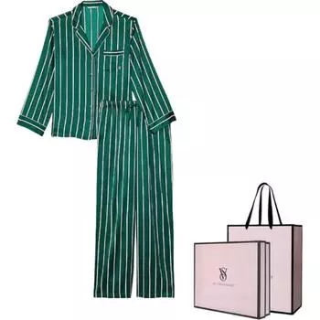 Victoria's Secret Длинный атласный пижамный комплект, женский, зеленая полоска