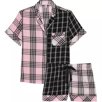 Victoria's Secret Фланелевая короткая пижама / Пижамный комплект в розово-черную клетку для женщин, черный, розовый