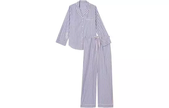 Victoria's Secret Хлопковый длинный пижамный комплект, женский, цвет синий розовый