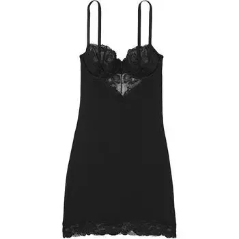 Victoria's Secret PINK Платье-комбинация мини из модала и кружева с чашечками / Черная ночная рубашка для женщин, черный цвет