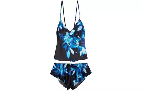 Victoria's Secret Пижамный комплект женский, черный с синим цветочным принтом