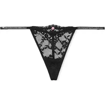 Victoria's Secret Трусики-стринги Dream Angels Twinkle Strap с кружевом и V-образным вырезом, черные, женские, 1 упаковка, черные
