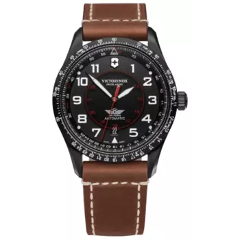 Victorinox Swiss Army Airboss механические автоматические мужские часы с черным циферблатом и коричневой кожей 241886