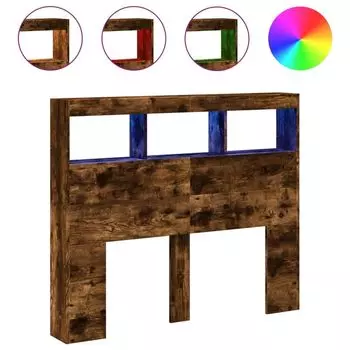 VidaXL LED изголовье с полками дуб дымчатый 120x17x102 см, коричневый