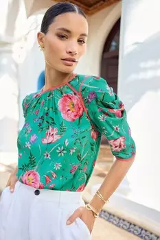 Виктория и Альберта | блузка из крепа с цветочным принтом и историческими рукавами Love & Roses, зеленый