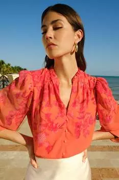 Виктория и Альберта | блузка на пуговицах с длинными рукавами и пышными рукавами с принтом и V-образным вырезом Love & Roses, оранжевый