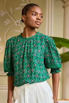 Виктория и Альберта | блузка с присборенными манжетами и кружевной отделкой с эффектом металлик и принтом Love & Roses, зеленый