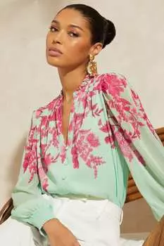 Виктория и Альберта | блузка с рисунком длинными рукавами V-образным вырезом и застежкой на пуговицы Love & Roses, синий