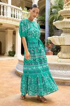 Виктория и Альберта | платье миди с принтом и круглым вырезом пышными рукавами и поясом Love & Roses, зеленый