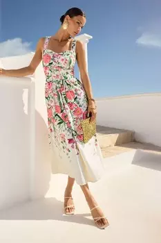 Виктория и Альберта | платье миди на бретельках с принтом из смесового льна Love & Roses, белый