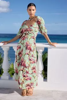 Виктория и Альберта | платье миди из смесового льна с принтом и закрученными передними рукавами пышными рукавами Love & Roses, зеленый