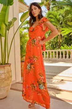 Виктория и Альберта | платье миди металлик с вырезами и рюшами Love & Roses, оранжевый