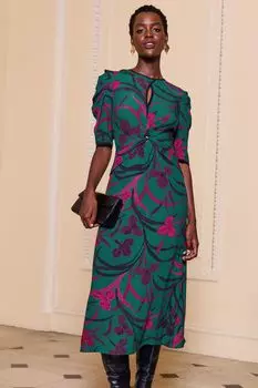 Виктория и Альберта | Платье миди с принтом присборенными рукавами и V-образным вырезом Love & Roses, зеленый