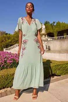 Виктория и Альберта | Платье миди с вышитым V-образным вырезом и расклешенными рукавами Love & Roses, зеленый