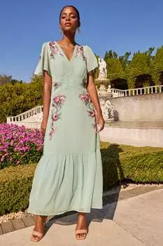 Виктория и Альберта | Платье миди с вышитым V-образным вырезом и расклешенными рукавами Love & Roses, зеленый