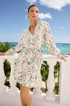 Виктория и Альберта | Платье мини из смесового льна с v-образным вырезом и кружевной отделкой поясом Love & Roses, белый