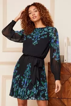 Виктория и Альберта | плиссированное мини-платье с круглым вырезом и поясом длинными рукавами и принтом Love & Roses, черный