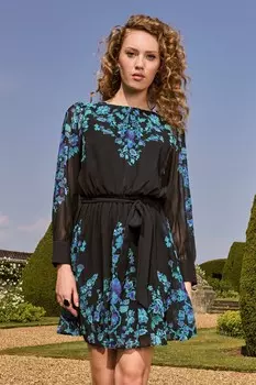 Виктория и Альберта | плиссированное мини-платье с круглым вырезом и поясом длинными рукавами и принтом Love & Roses, черный