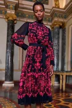 Виктория и Альберта | Плиссированное платье миди с длинными рукавами и присборенным вырезом Love & Roses, фиолетовый