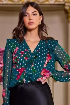 Виктория и Альберта | Топ с длинными рукавами и металлизированным пятном V-образным вырезом оборками и завязками на спине Love & Roses, бирюзовый